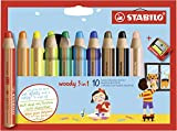 Buntstift, Wasserfarbe und Wachsmalkreide - STABILO woody 3 in 1 - 10er Pack mit Spitzer - mit 10 verschiedenen Farben